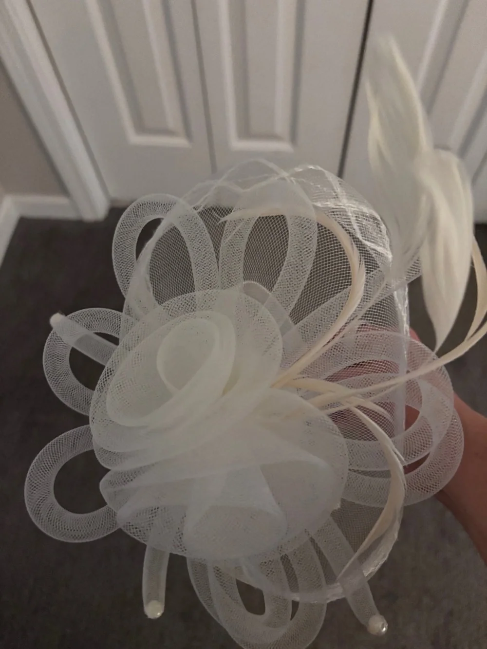 Nathalie Loma Ivory Tulle Fascinator with Feathers & Mesh